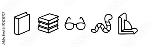 Modern Line Art Book and Reading Icons: Stack of Books, Glasses, Bookworm, and Bookends