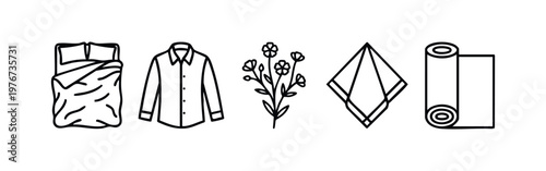 Minimalist Line Art Icons for Textile and Linen Products: Bed, Shirt, Flax, and Fabric Roll
