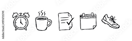 Sketchy Hand Drawn Morning Routine Icons: Alarm Clock, Coffee, Checklist, Calendar, and Sneaker