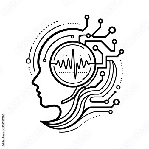 Abstract profile illustration of a human head with digital circuits and a waveform, representing artificial intelligence and brain activity
