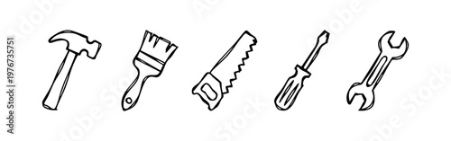 Hand-Drawn Hand Tool Icons Set Hammer Paintbrush Saw Screwdriver Wrench Doodles