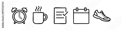 Clean Line Art Morning Habit Icons: Alarm, Coffee, Checklist, Calendar, and Running Shoe