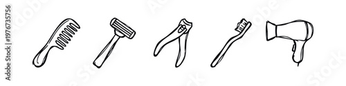Hand Drawn Sketchy Personal Care Icons: Comb, Razor, Nail Clipper, Toothbrush, and Hair Dryer