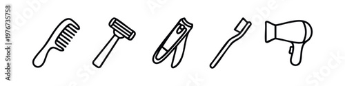 Minimalist Line Art Personal Hygiene Icons: Comb, Razor, Toothbrush, and Hair Dryer