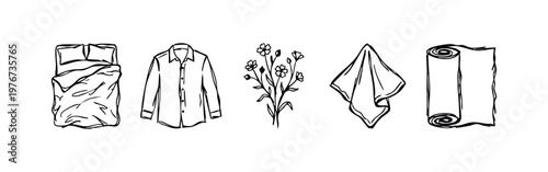 Sketchy Hand Drawn Linen and Textile Icons: Bedding, Shirt, Flax Flower, Napkin, and Fabric Roll