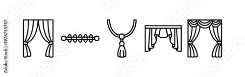 Clean Line Art Icons for Curtains and Drapes: Rod, Tassel, Valance, and Window Coverings