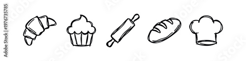 Hand-Drawn Bakery and Pastry Icons Set Croissant Cupcake Rolling Pin Bread Chef Hat