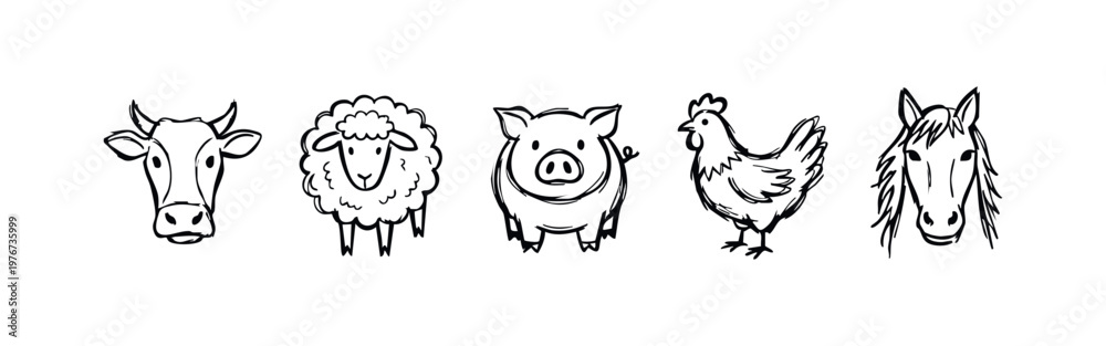 Obraz premium Sketch Style Farm Animal Icons with Cow, Sheep, Pig, Chicken, and Horse