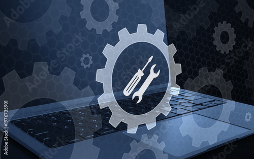 Mechanical Repair and Technical Service Settings Preferences Concept Icon over Laptop Keyboard with Gear Elements