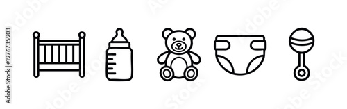 Clean Line Art Baby Nursery and Child Care Icons Collection for Parenting Designs