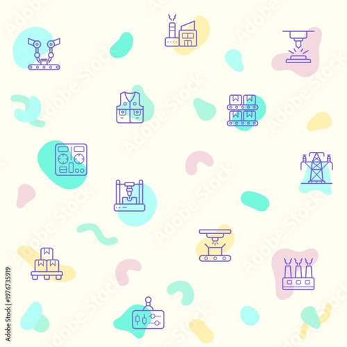 Vector illustration of a cute factory and production Pictograms icon. Collection of industry, manufacturing, product, packaging, assembly, machine, warehouse and other elements.