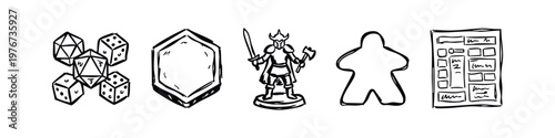 Set of Hand Drawn Tabletop Role Playing Game Icons Including Dice, Hex Tile, Warrior Mini, Meeple and Character Sheet