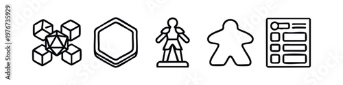 Vector Line Art Icons for Tabletop Gaming and Board Games with Dice, Hex, Warrior Figure, Meeple and Interface