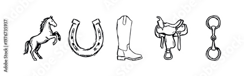 Hand Drawn Equestrian and Horse Riding Icons Featuring Rearing Horse, Horseshoe, Boot, Saddle and Bit