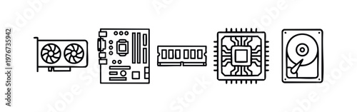 Minimalist Line Art Icons of Computer Components Including GPU, Motherboard, RAM, Processor and Hard Disk Drive