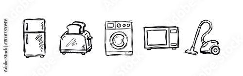 Sketch Style Hand Drawn Household Appliance Icons Featuring Fridge, Toaster, Washer, Microwave and Vacuum Cleaner