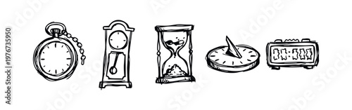 Hand Drawn Sketch Style Timekeeping Icons Set Including Pocket Watch, Clock, Hourglass, Sundial and Digital Alarm