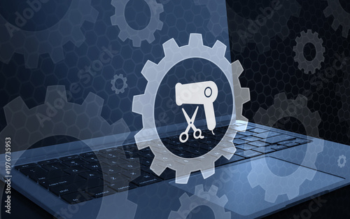Hair Styling and Beauty Salon Service Settings Preferences Concept Icon over Laptop Keyboard with Gear Elements