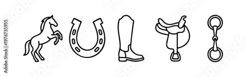 Simple Line Art Horse Riding and Equestrian Icon Set with Horse Silhouette, Horseshoe, Riding Boot, Saddle and Bit