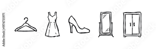 Hand Drawn Fashion and Closet Icons Set Including Clothes Hanger, Dress, High Heel, Mirror and Wardrobe Cabinet