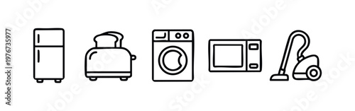 Vector Line Art Home Appliance Icon Set with Refrigerator, Toaster, Washing Machine, Microwave and Vacuum