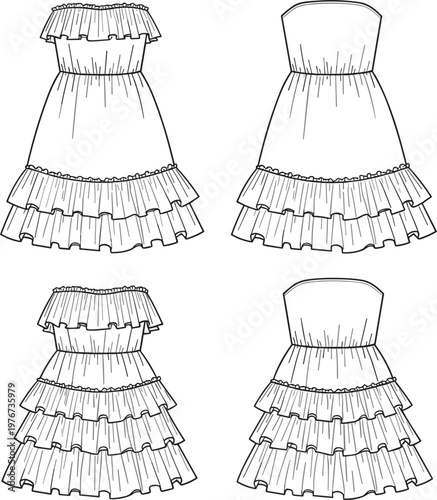 Fashion technical sketch set of women strapless ruffled summer dresses with tiered skirts and elastic waist for apparel design and manufacturing tech pack 
