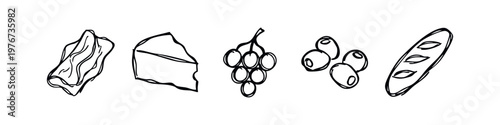 Sketch Style Hand Drawn Food Icons Including Bacon, Cheese, Grapes, Olives and Baguette Bread