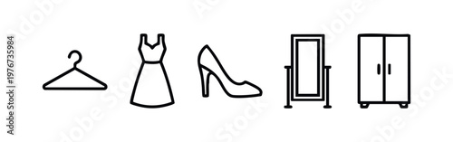 Minimalist Line Art Icons for Fashion and Home Storage with Hanger, Dress, Shoe, Floor Mirror and Wardrobe Closet
