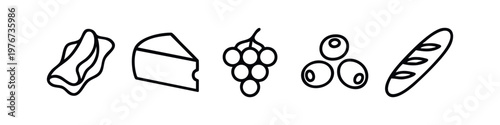 Charcuterie and Picnic Food Icon Set with Baguette, Cheese, Grapes, and Olives