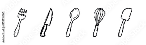 Hand Drawn Kitchen Utensil Sketches - Fork, Knife, Spoon, Whisk, and Spatula