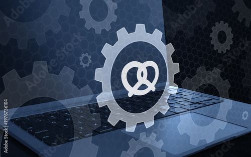 Bakery and Food Industry Settings Preferences Concept Icon over Laptop Keyboard with Gear Elements