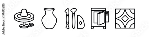 Minimalist Pottery and Ceramic Studio Icons - Wheel, Vase, Tools, Kiln, and Tile Pattern