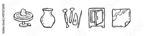 Hand Drawn Pottery and Ceramics Craft Sketches - Wheel, Vase, Tools, Kiln, and Tile