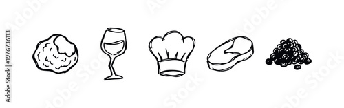 Hand Drawn Gourmet Food and Chef Sketches - Truffle, Wine, Chef Hat, Steak, and Berries