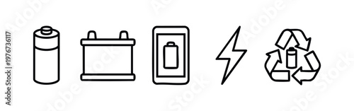 Energy and Power Battery Icon Set with Recycle Symbol and Charging Lightning Bolt