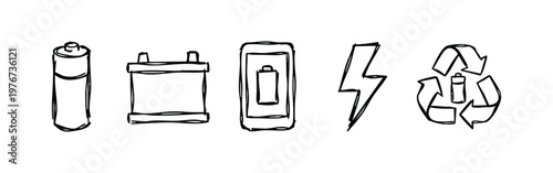 Hand Drawn Battery and Power Supply Sketches - AA Battery, Car Battery, Phone Charge, and Recycling