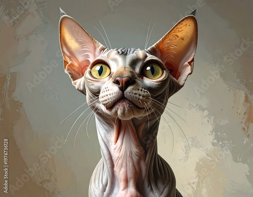 Close-up of a hairless cat looking up with large yellow eyes