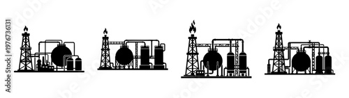 Oil refinery plant silhouette vector illustration for energy industry and chemical processing design