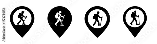 Hiking trails and backpacking locations map pins icons for outdoor adventure and trekking routes guide