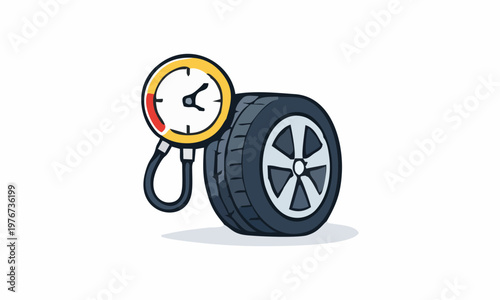 line art color of car tire being checked by a pressure gauge