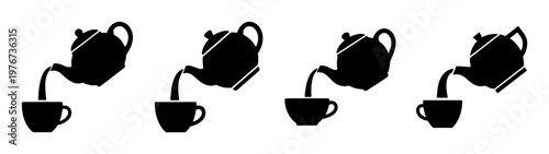 Black and white tea time illustration featuring teapots pouring tea into cups vector design