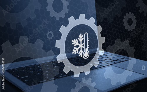 Climate Control and Cooling System Settings Preferences Concept Icon over Laptop Keyboard with Gear Elements