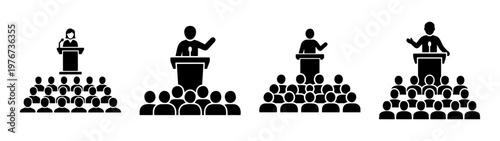 Find public speaking event with speaker on podium addressing audience crowd illustration art