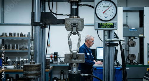 Industrial Tensile Strength Test of Metal Carabiner in Quality Control Laboratory