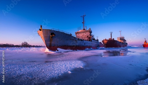 Frozen dead ships on snow
