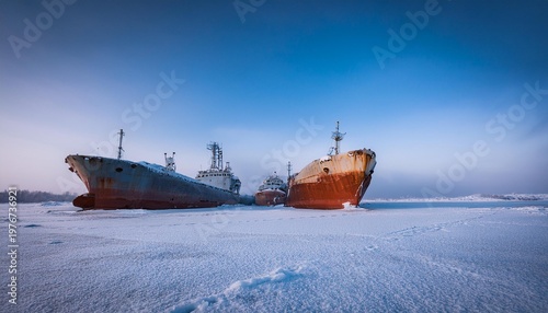 Frozen dead ships on snow