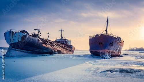 Frozen dead ships on snow