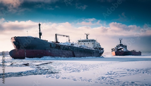 Frozen dead ships on snow