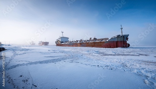 Frozen dead ships on snow