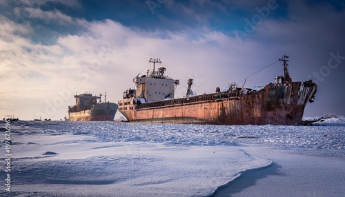 Frozen dead ships on snow